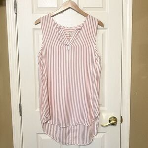 BeachLunchLounge Womens Large Tank Tunic Top V-Neck  Striped Coral Red White